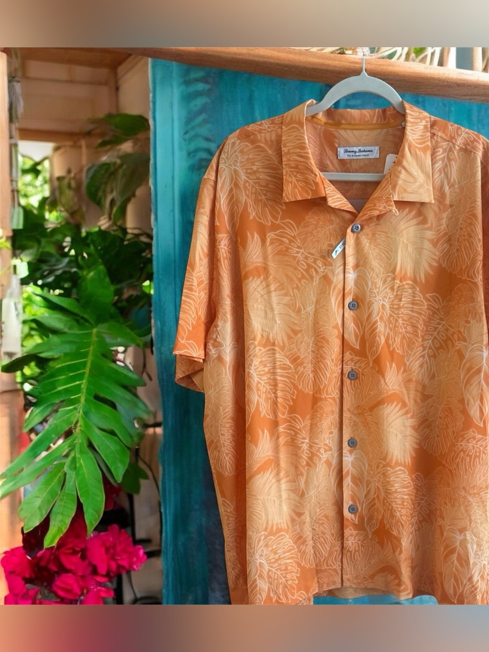 Tommy Bahama Spirit Coast Bright Poppy Orange Tropical Hawaiian Shirt Stretch XL